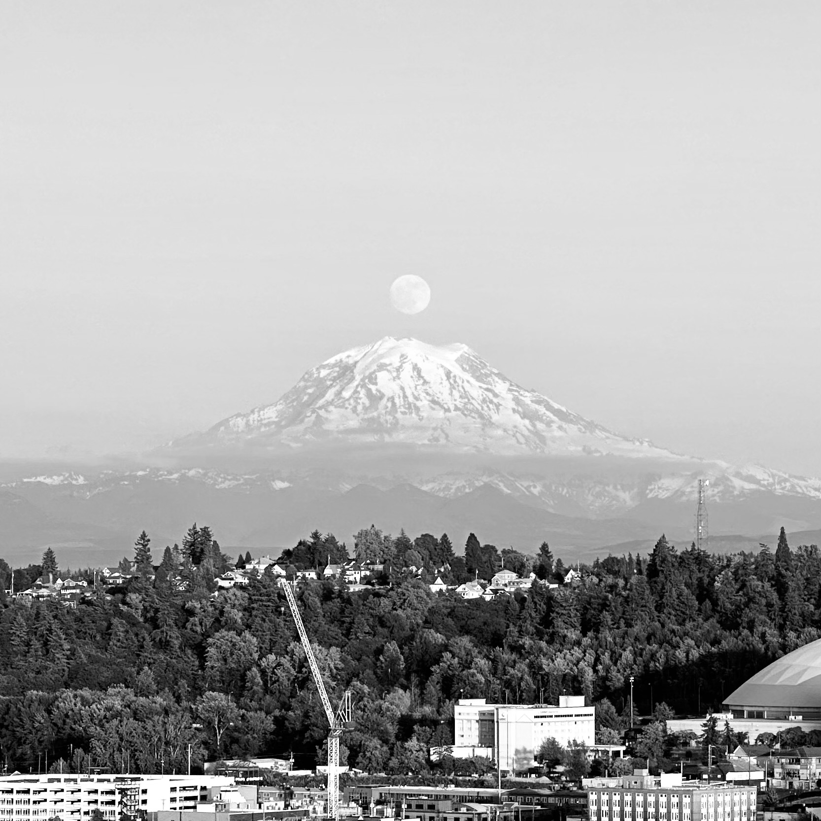 Mt. Rainier moonrise black and white